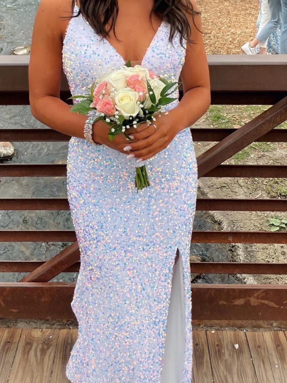 Iridescent White Sequin V-Neck Prom Dress with Front Slit